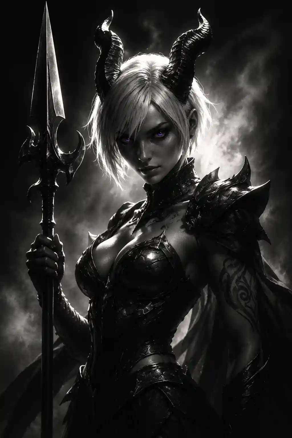 Ethereal horned warrior woman with spear in dramatic pose