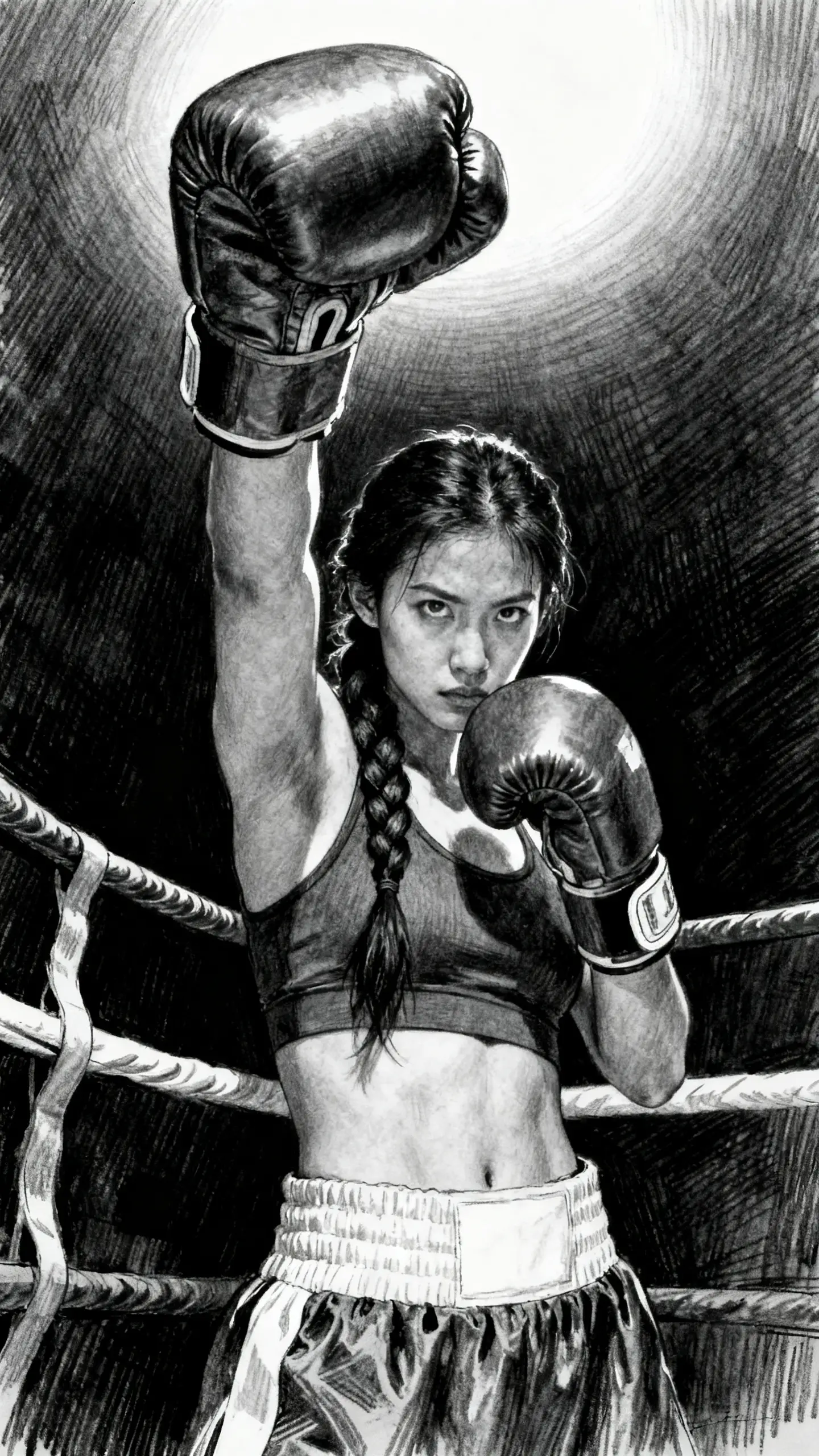 Female boxer raising a gloved fist in a boxing ring