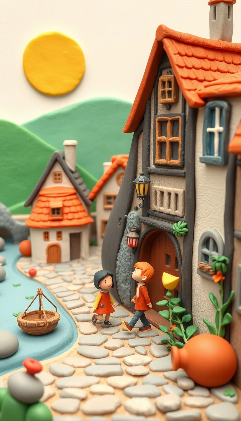 Childlike modeling clay village illustration with strolling residents