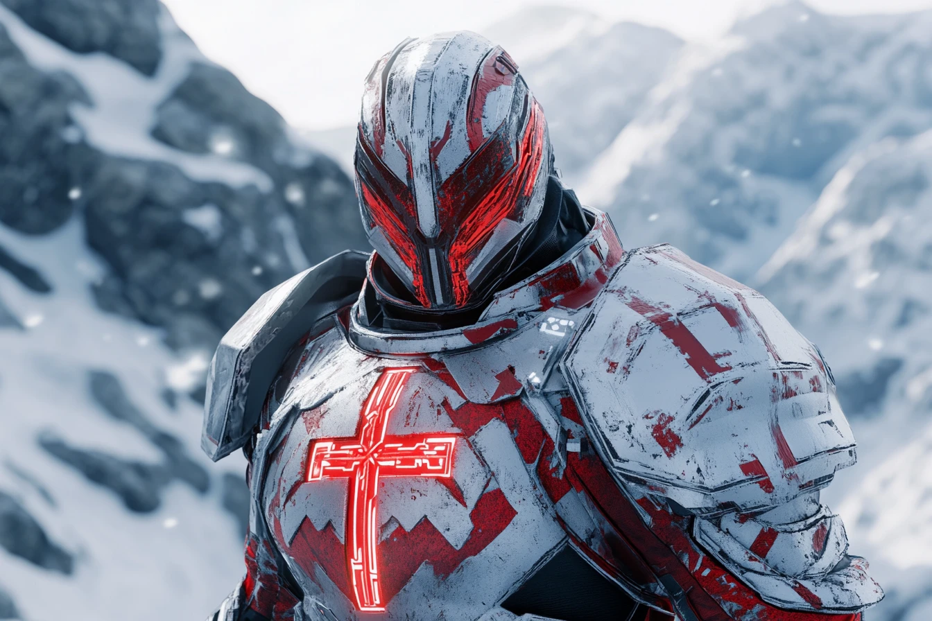 Cyber crusader in silver red armor before snowy fortress
