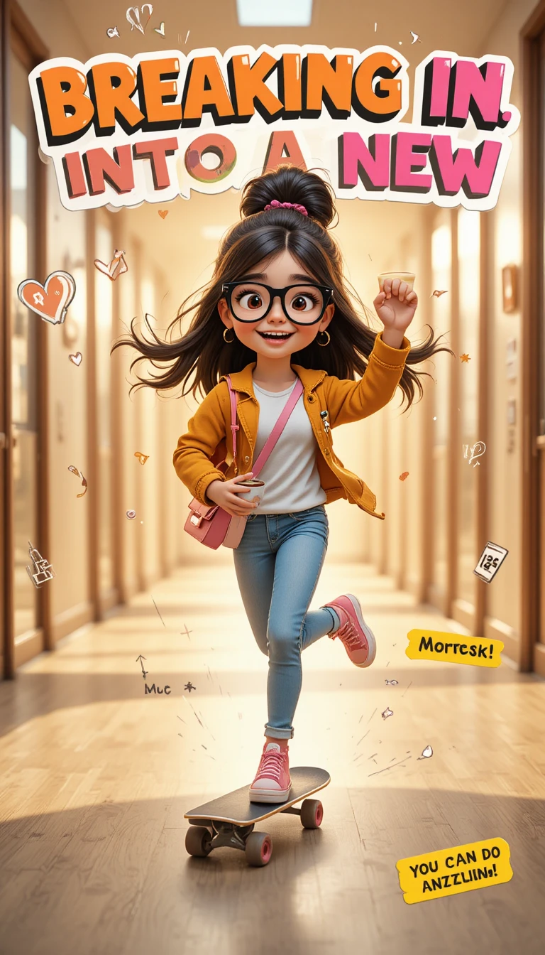 Little girl skateboarding through sunny office corridor