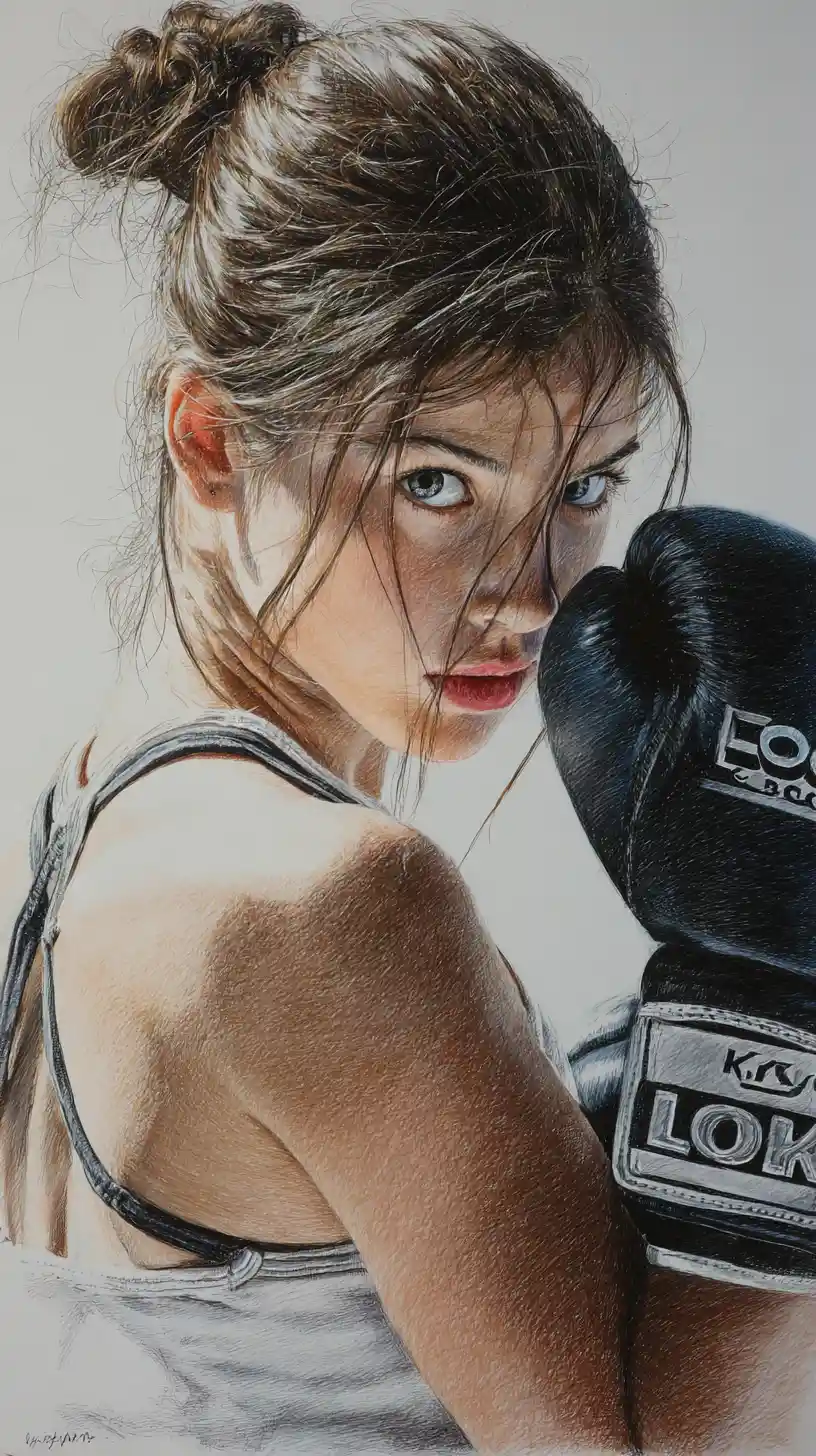 Intense female boxer portrait in warm dramatic back view