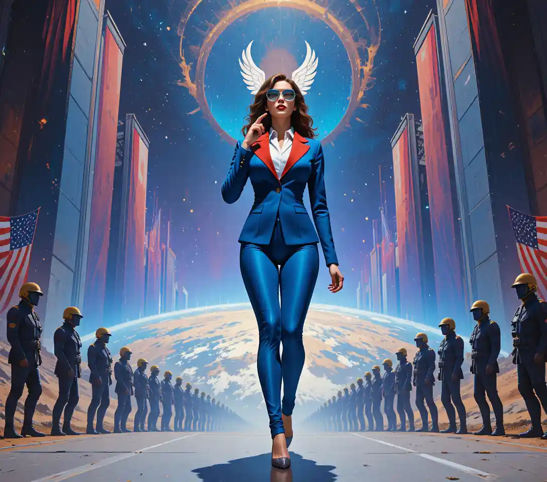 Confident businesswoman walking forward in cosmic patriotic scene