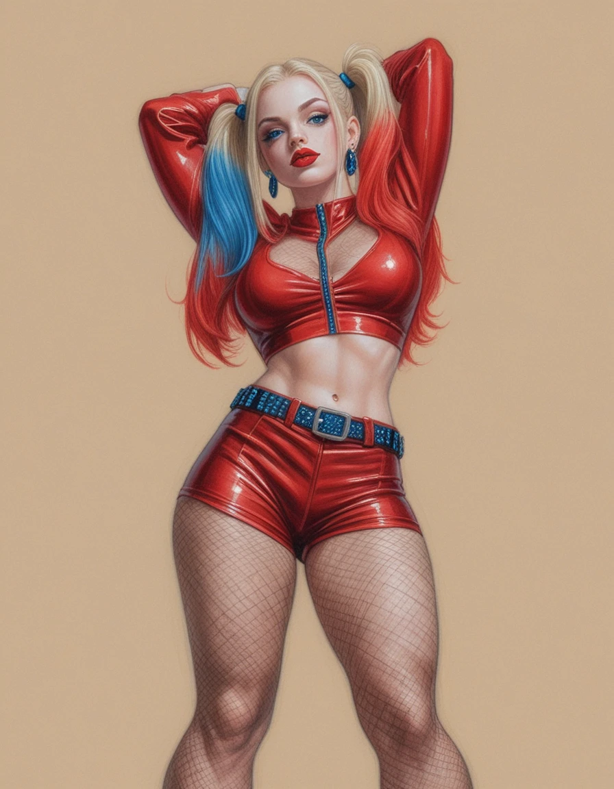 Curvy woman in red outfit with twin pigtails posing confidently