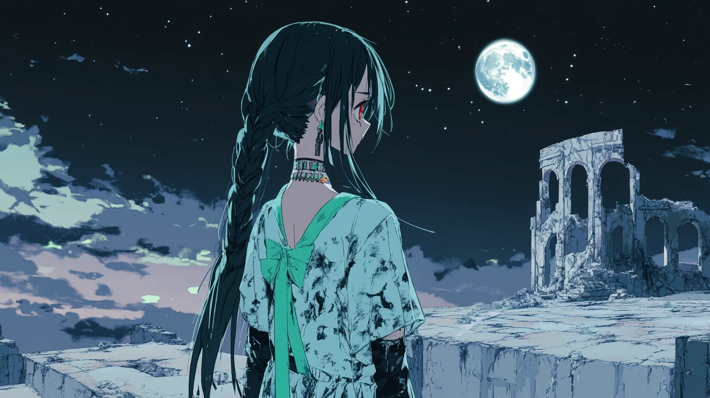 Anime girl on a tower balcony overlooking desert ruins