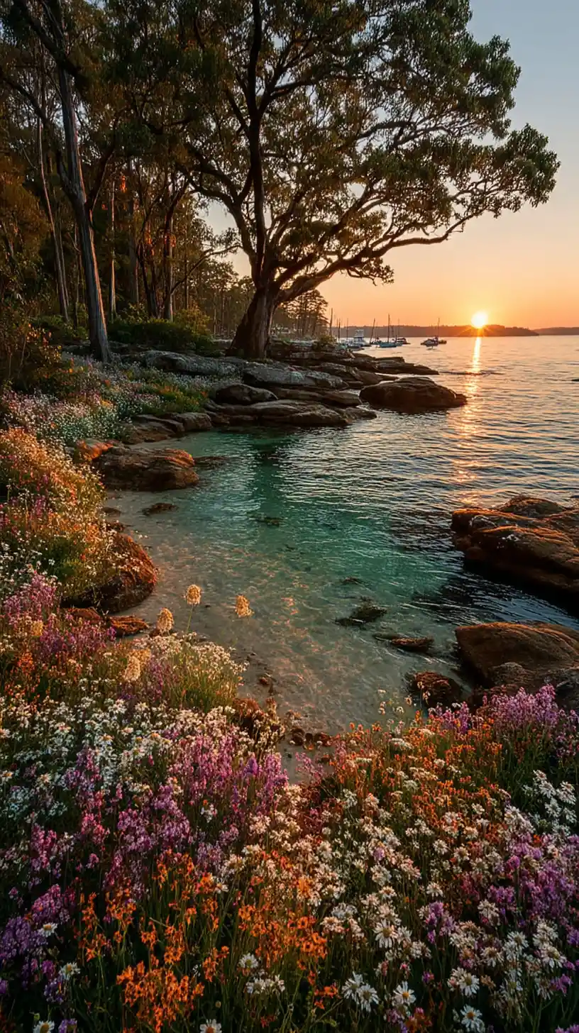 Sunlit coastal cliffs with wildflowers at golden hour