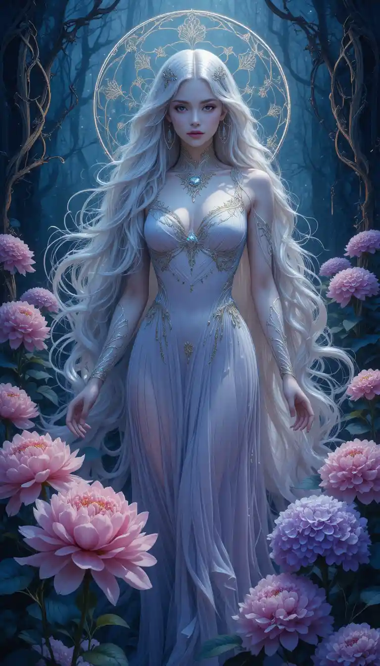 Ethereal silver haired goddess among pink and purple flowers