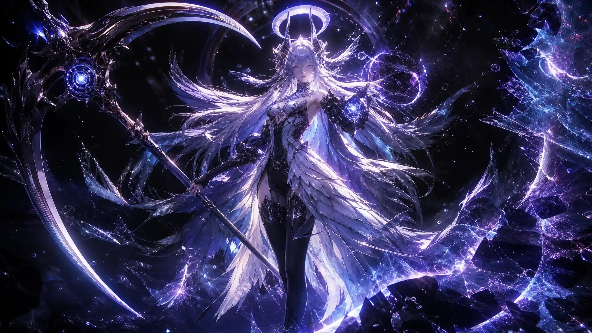 Melancholic 3D anime angel girl with cyberpunk scythe