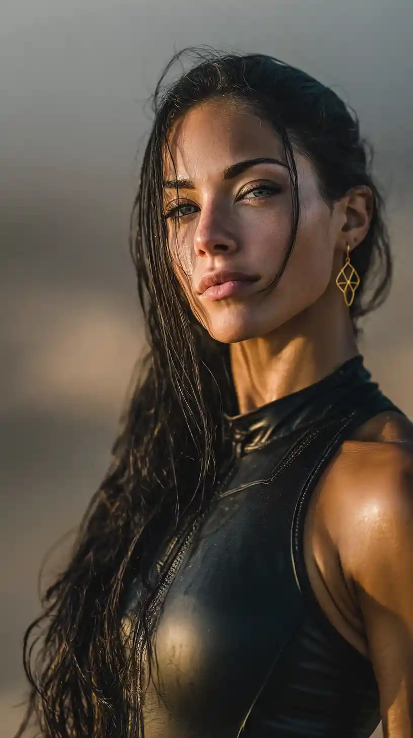 Strong middle eastern female bodybuilder in desert sunset portrait