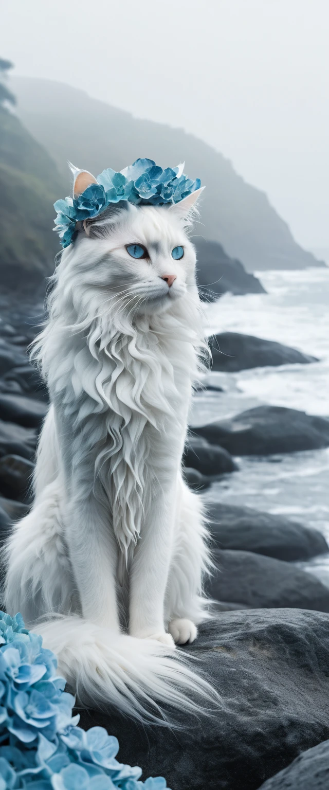 White cat with ocean waves on fur by misty rocky coast