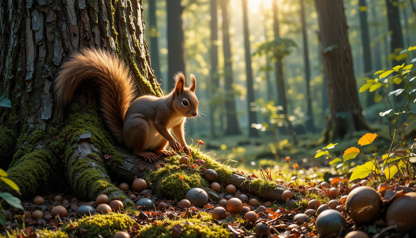 Close up squirrels climbing a forest tree in sunlight