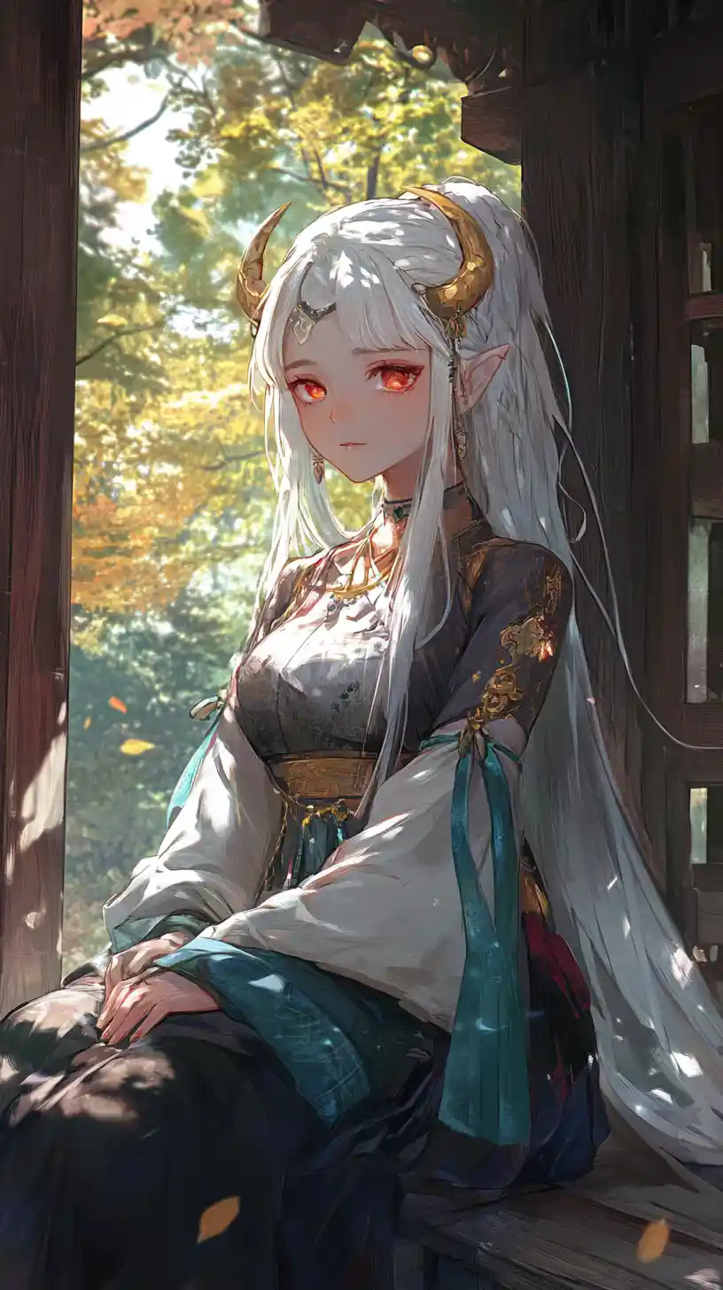 Sad horned girl in a golden dress at a temple
