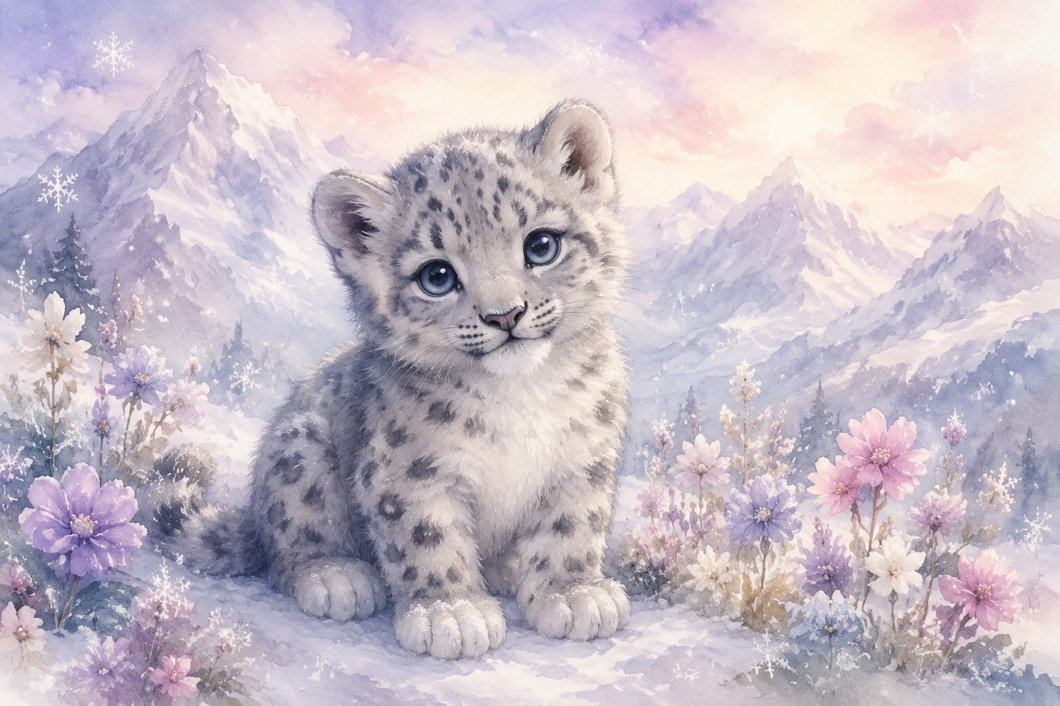 Cute baby snow leopard cub in pastel snowy flowers