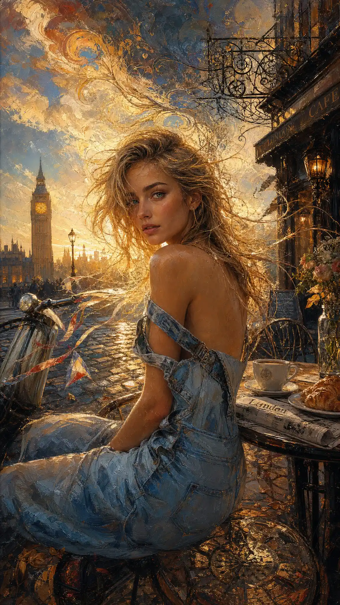 Young woman at a London street cafe in golden hour