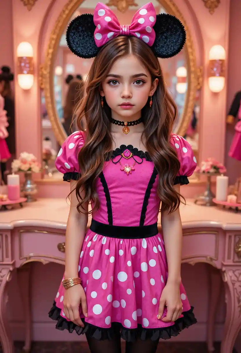 Tween-Junge als Minnie Mouse in Boutique-Innenraum gekleidet