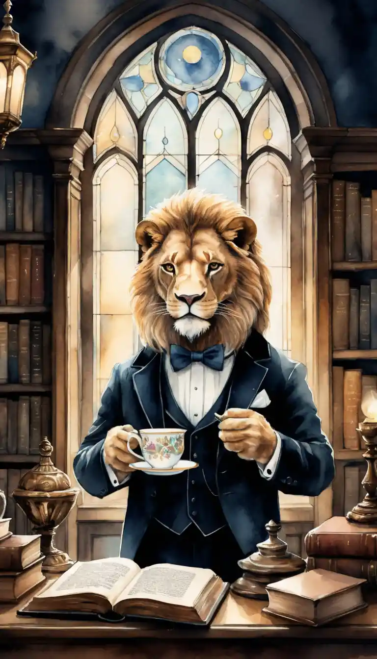 Anthropomorphic Lion In Tuxedo Sipping Tea In Moonlit Library