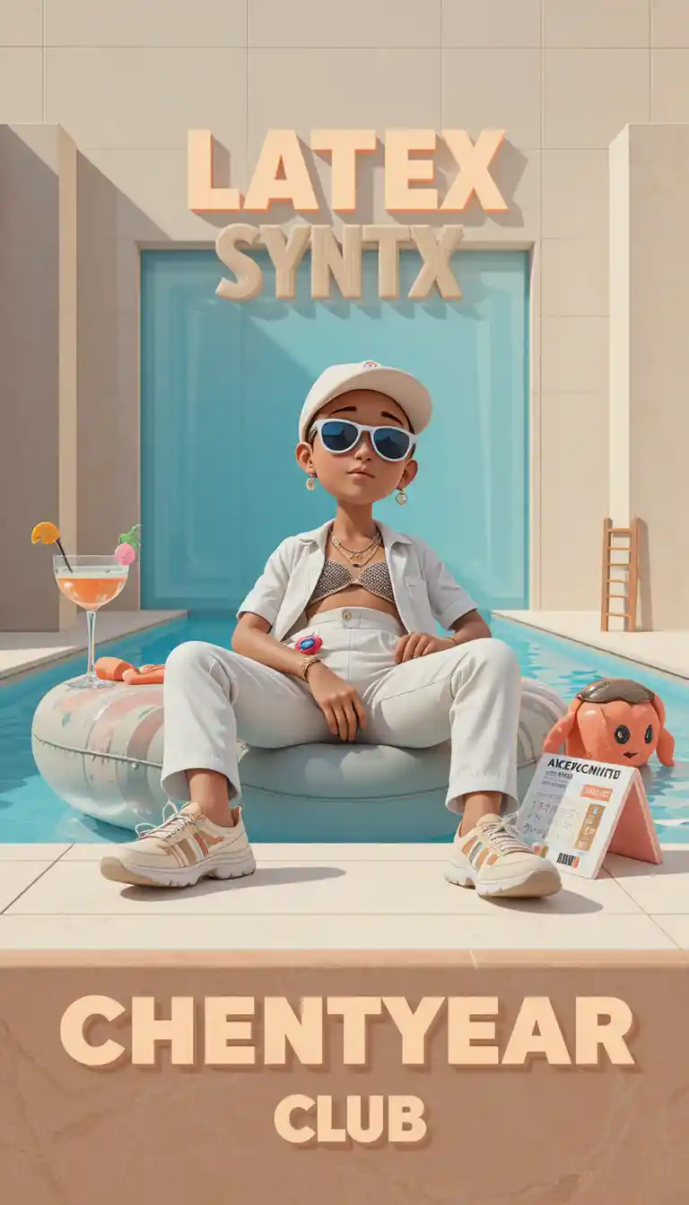Stylized resort fashion mascot relaxing by a modern pool