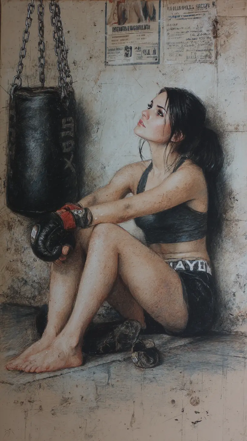 Exhausted boxer woman resting on a gym floor