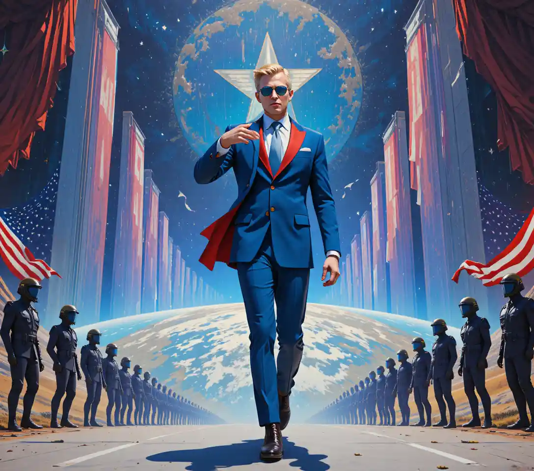 Determined businessman walking forward in cosmic patriotic scene