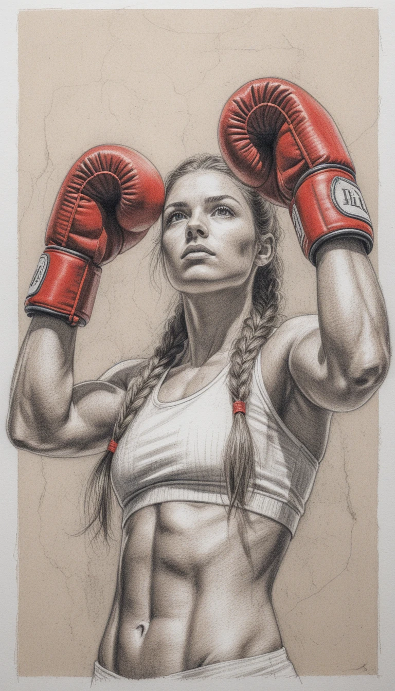 Athletic female boxer in guard on a gritty boxing ring