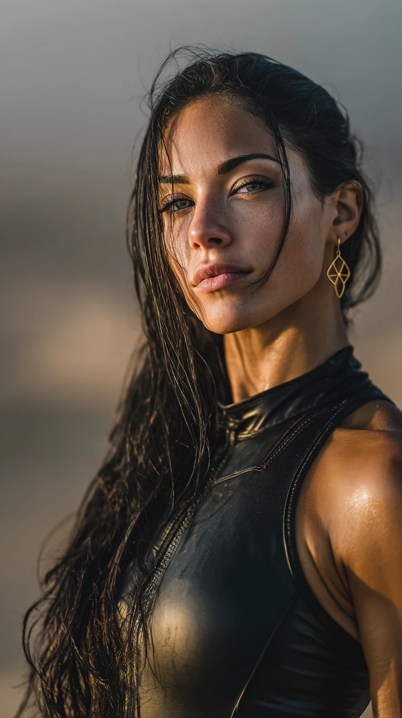 Strong middle eastern female bodybuilder in desert sunset portrait
