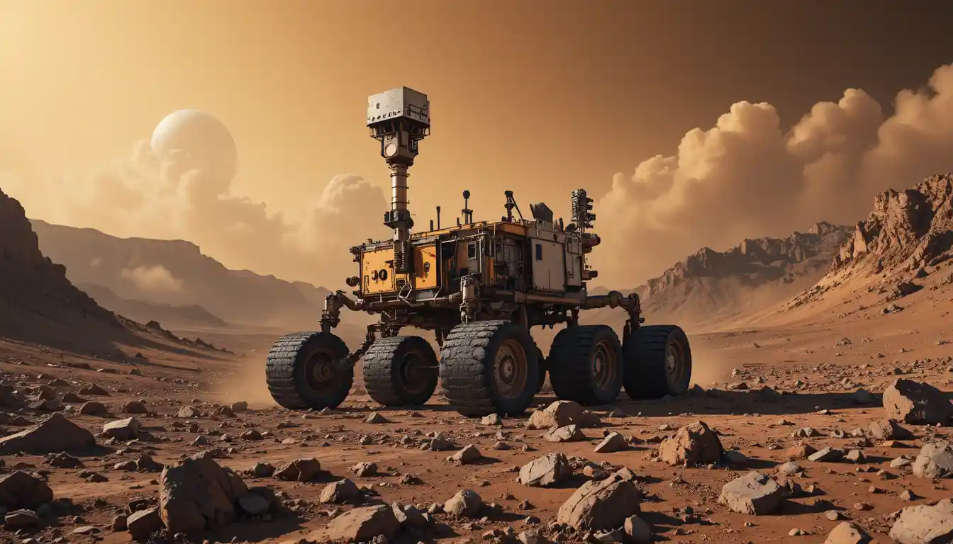 Mars rover crossing rocky terrain under orange dusty sky