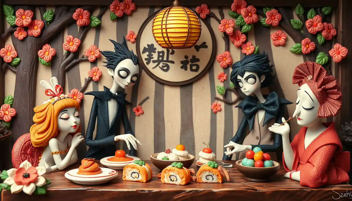 Whimsical clay style chef characters in a floral forest