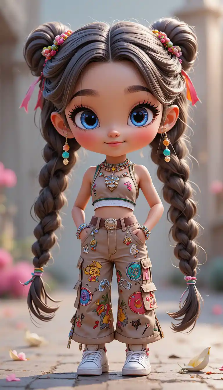 Whimsical chibi girl in stylish Y2K boho fashion