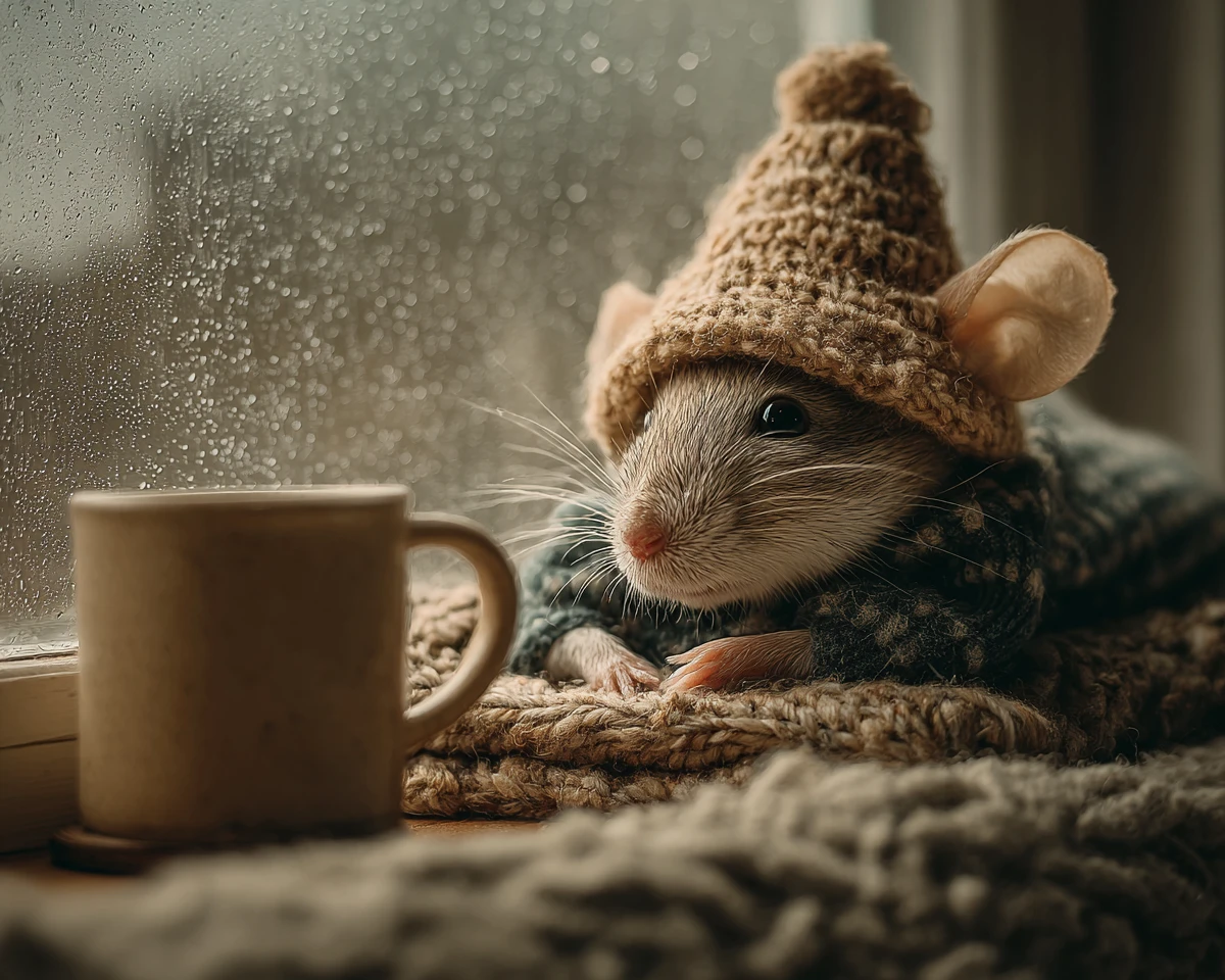 Sleepy cartoon mouse napping on a cozy window sill