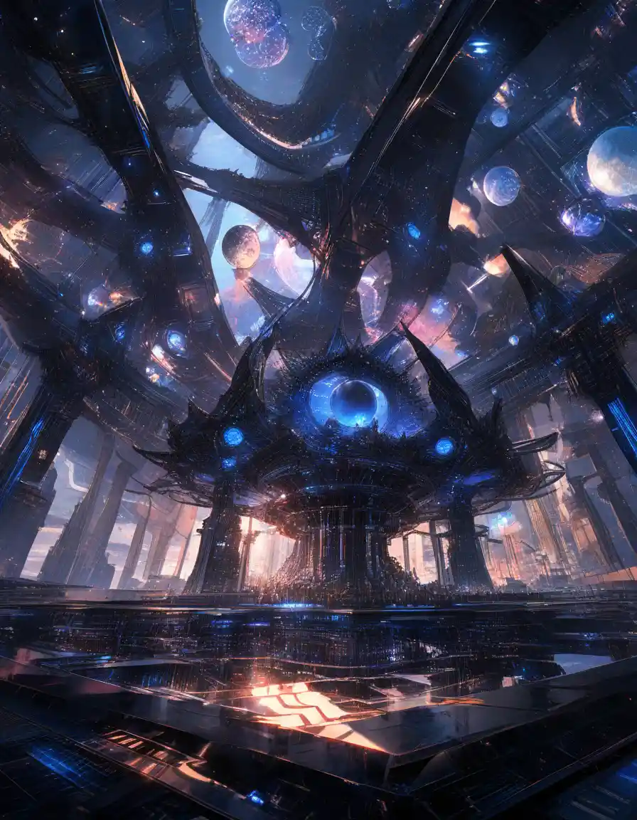 Post human emperor on a cosmic throne in vast hall