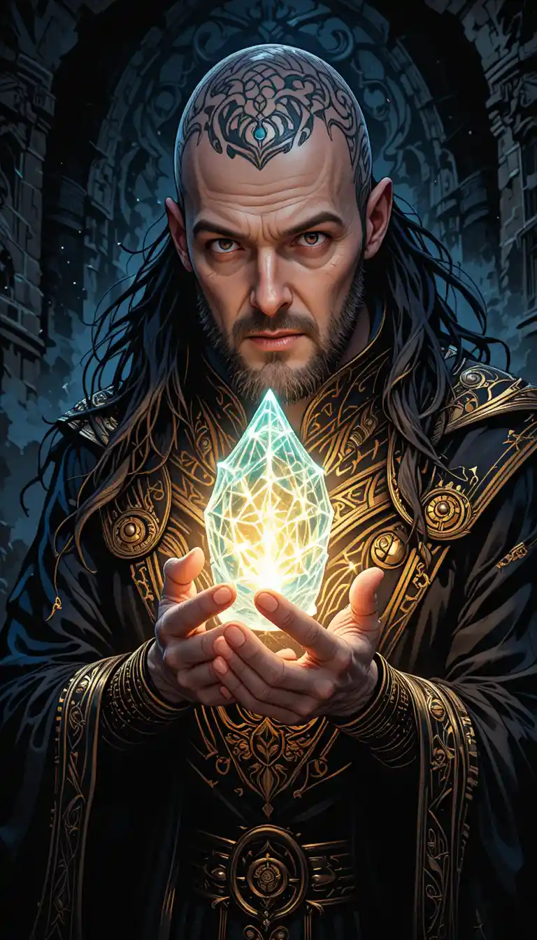 Bald tattooed man holding a glowing crystal artifact