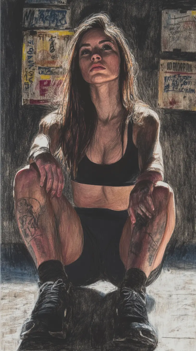 Exhausted woman boxer resting on concrete gym floor