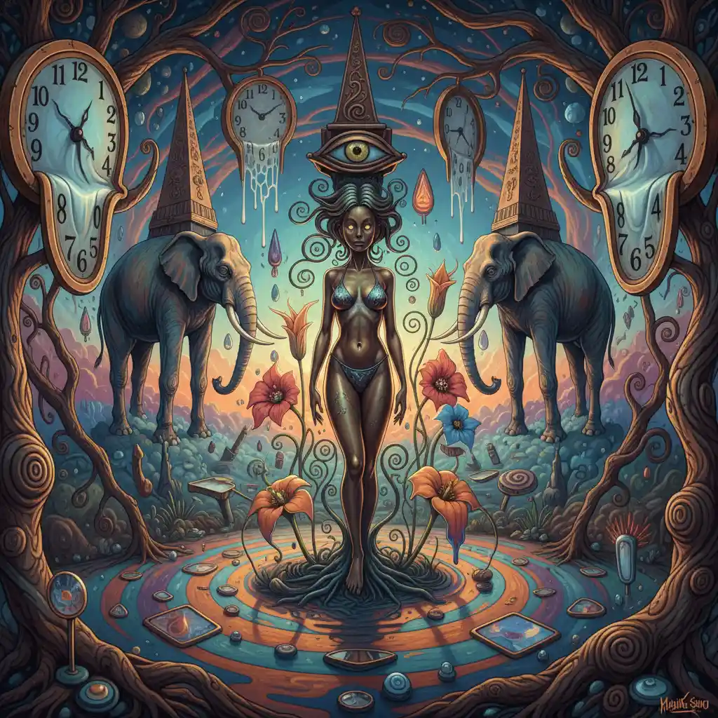 Surreal psychedelic maze with bronze bikini woman statue