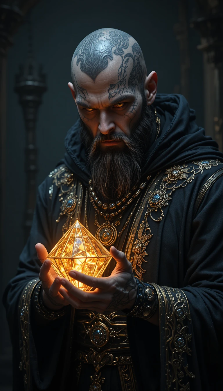 Bald tattooed sorcerer holding a glowing crystal sphere