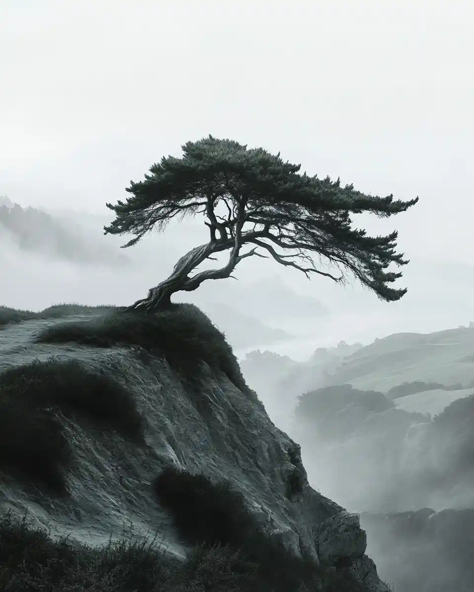 Lone cypress tree on a misty windswept mountain ridge