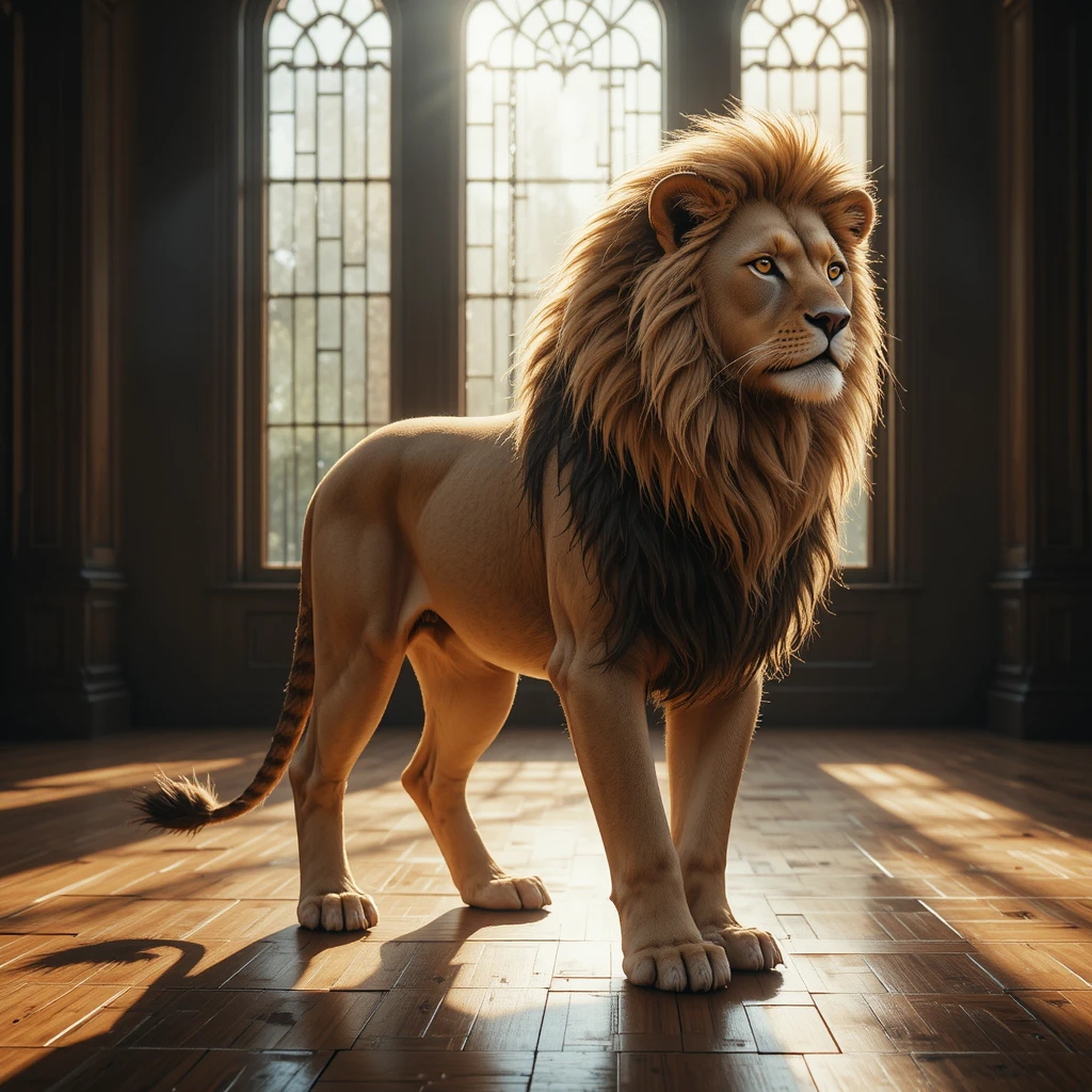 Majestic lion standing on wooden floor in soft window light