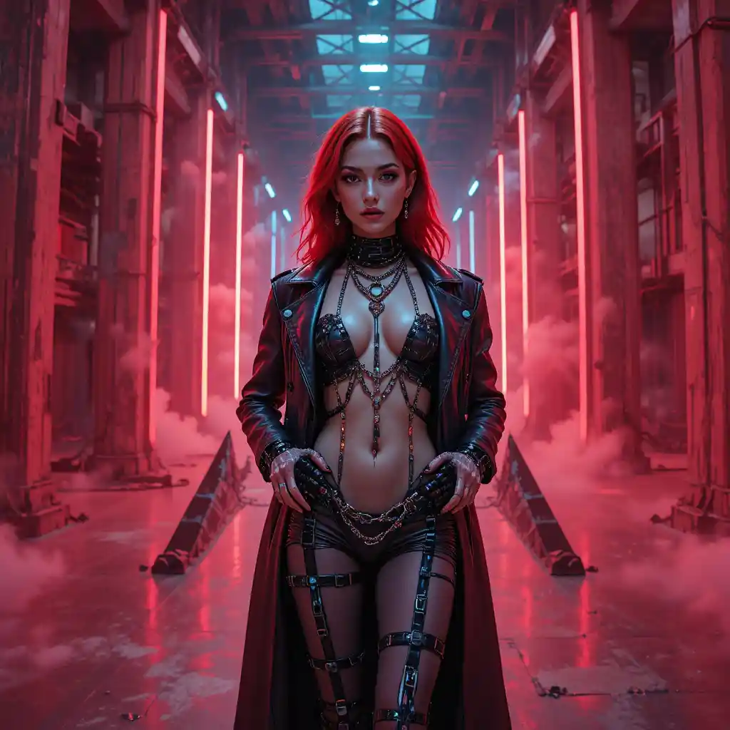 Cyberpunk fashion woman in red lit industrial studio