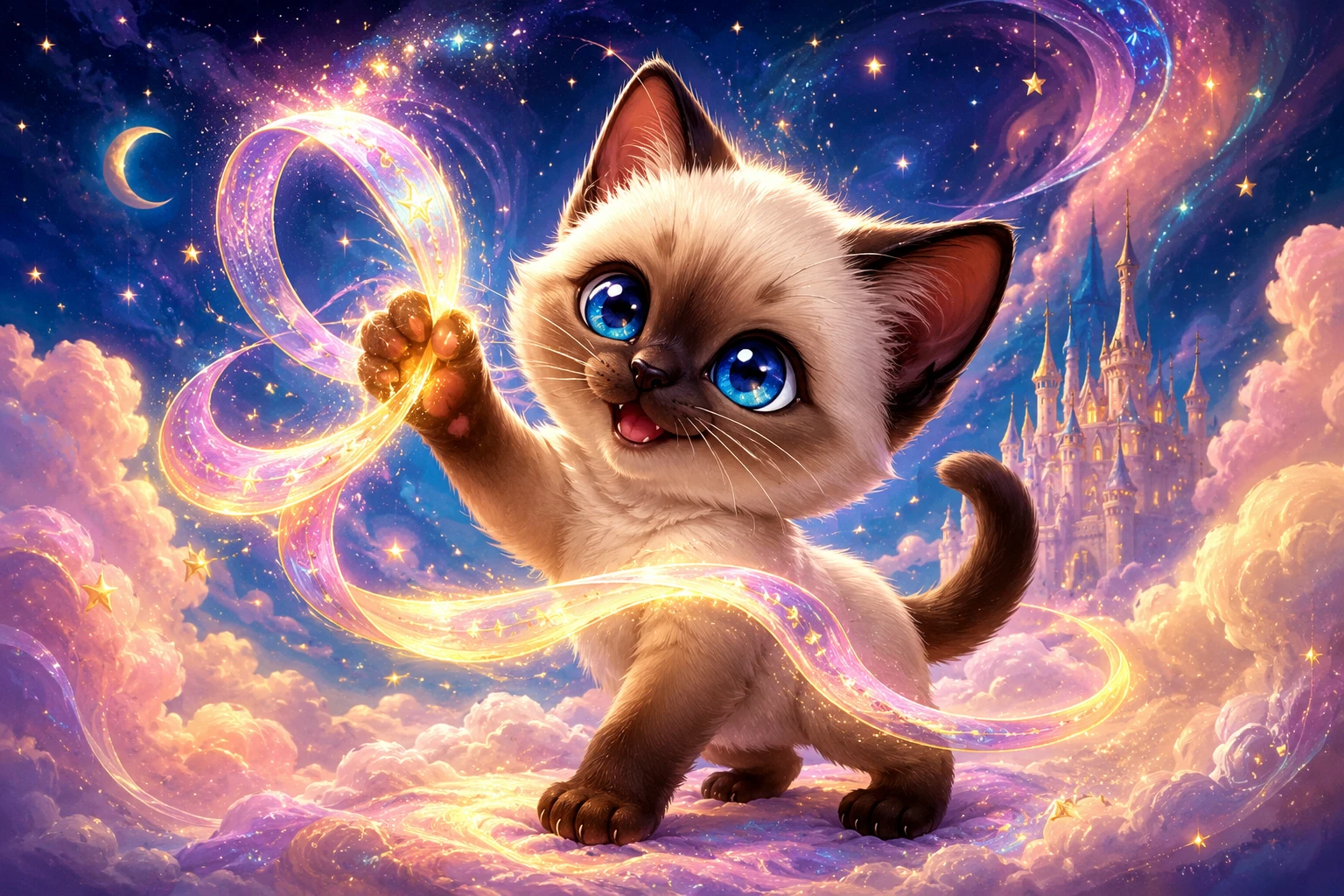 Cute siamese kitten with magical glowing ribbon illustration