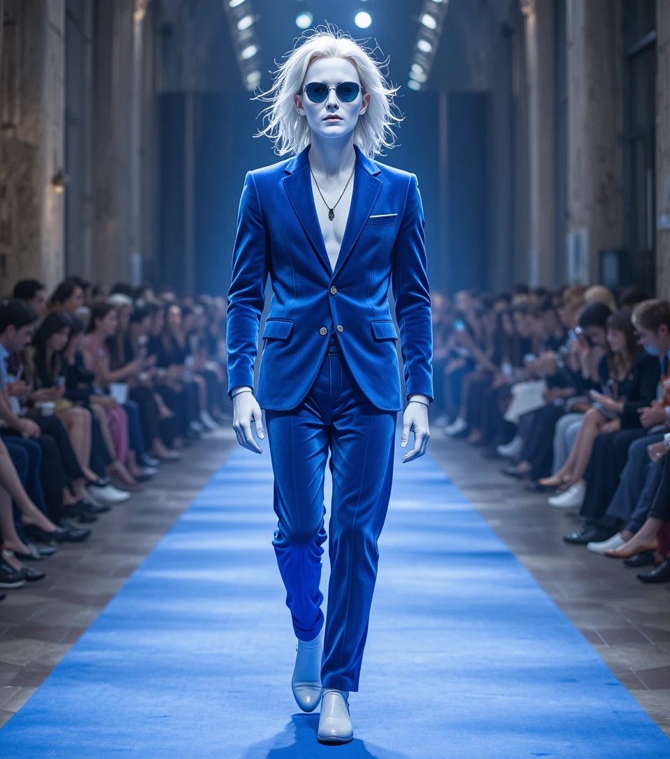 Stylish man in blue velvet suit on runway mid stride
