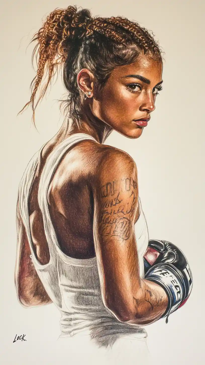 Color Pencil Portrait Of Intense Female Boxer Turning Back