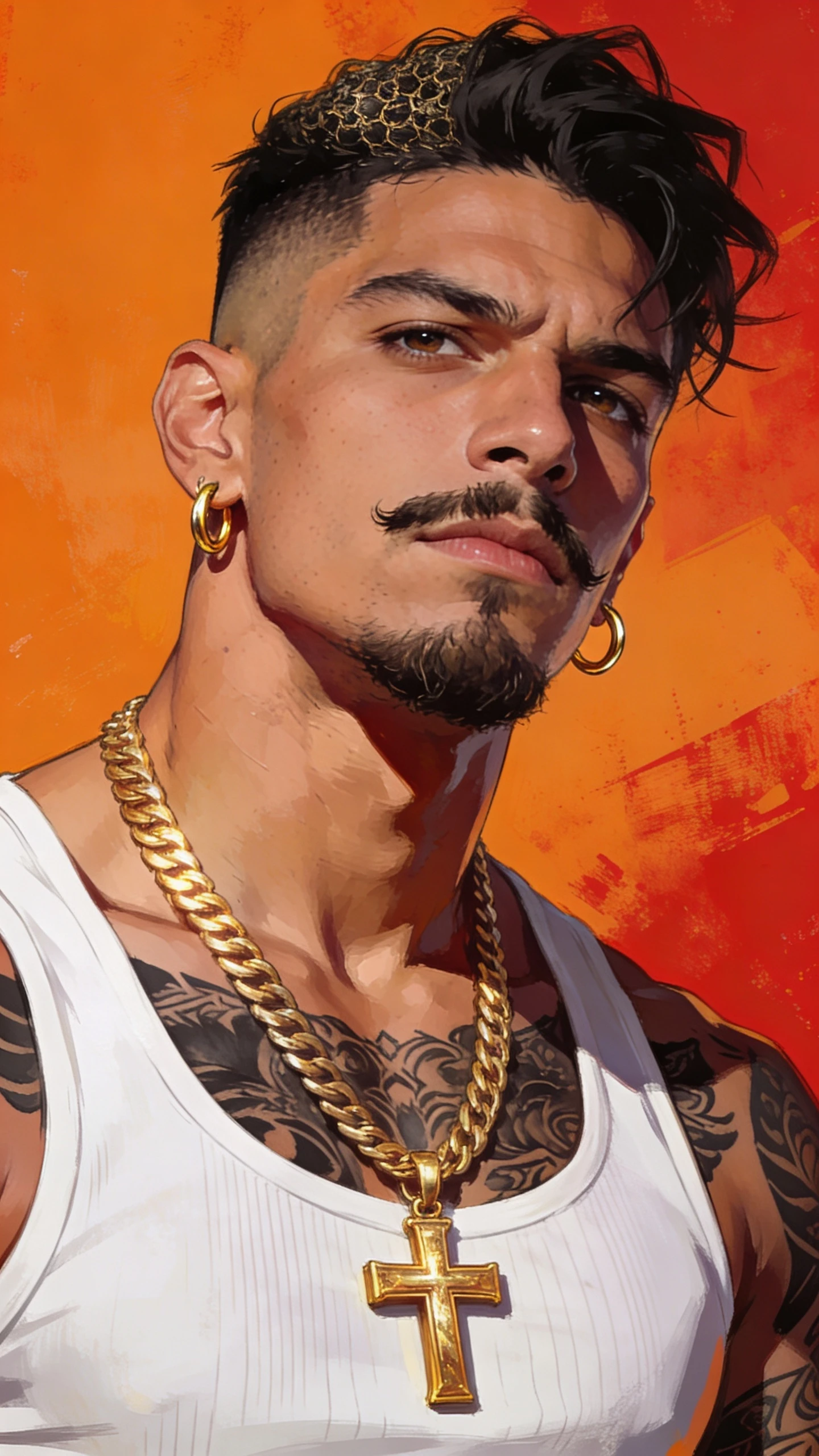 Close up portrait of tattooed man with gold jewelry