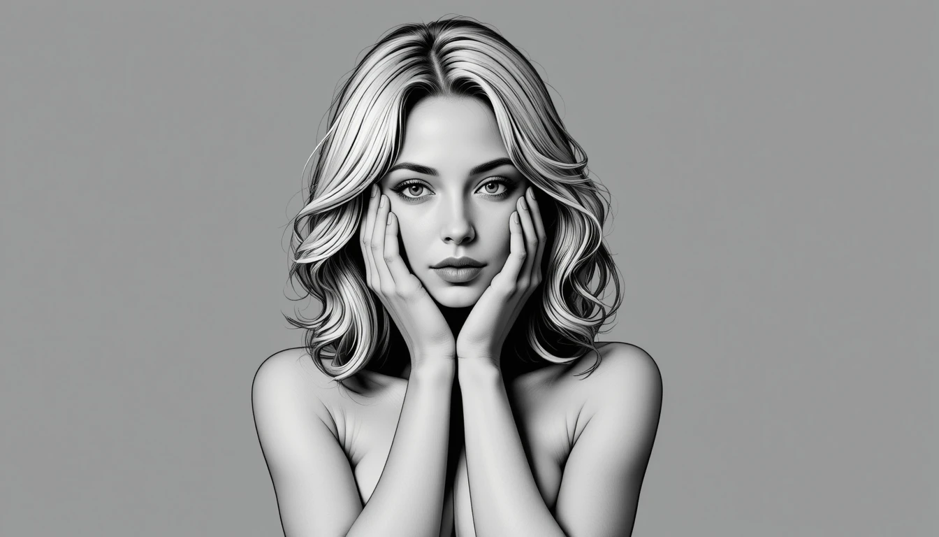 Thoughtful blonde girl portrait in soft gray background