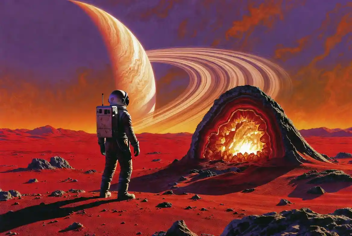 Astronaut Facing Glowing Geode On Crimson Alien Desert