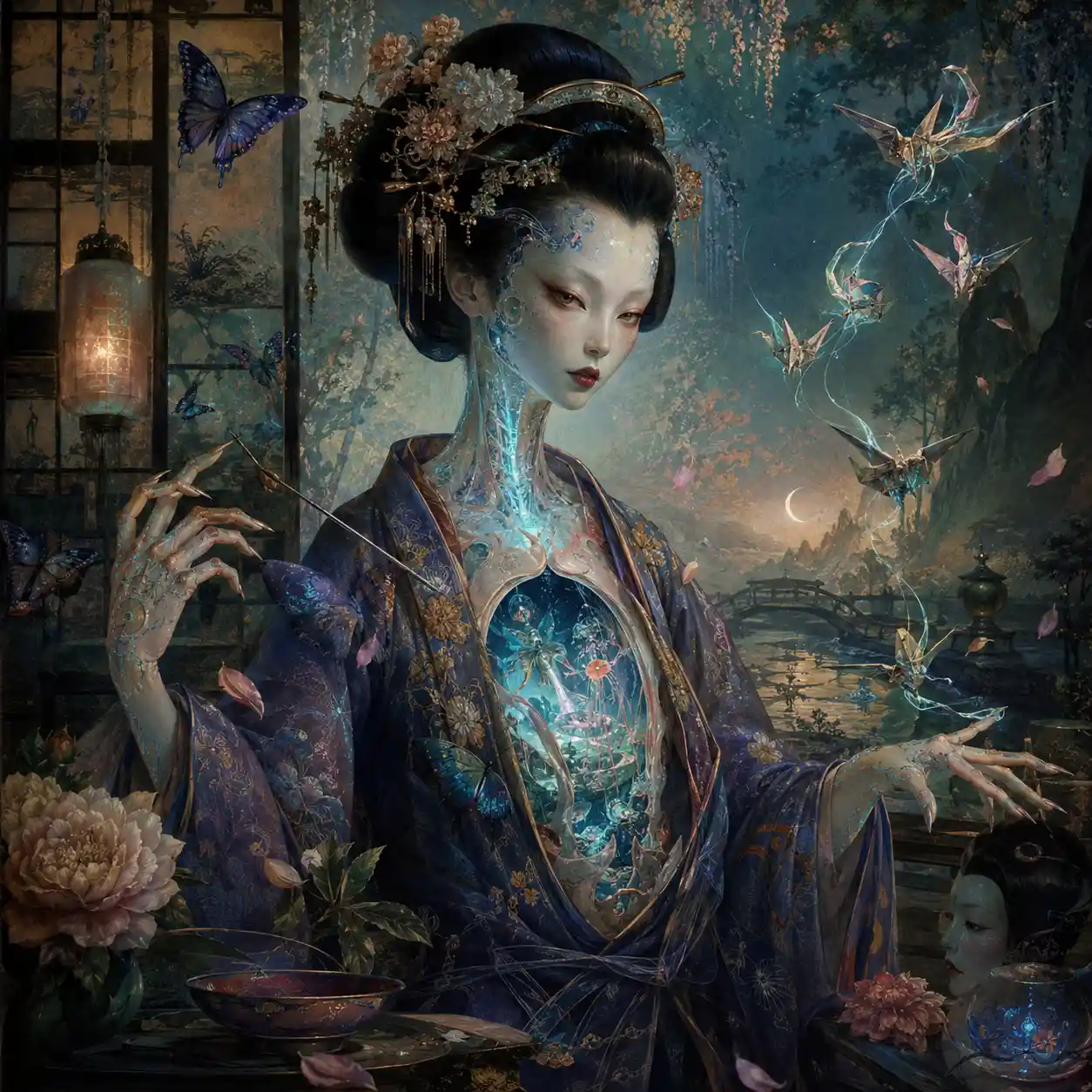 Surreal fantasy woman with alien features in vivid dreamscape