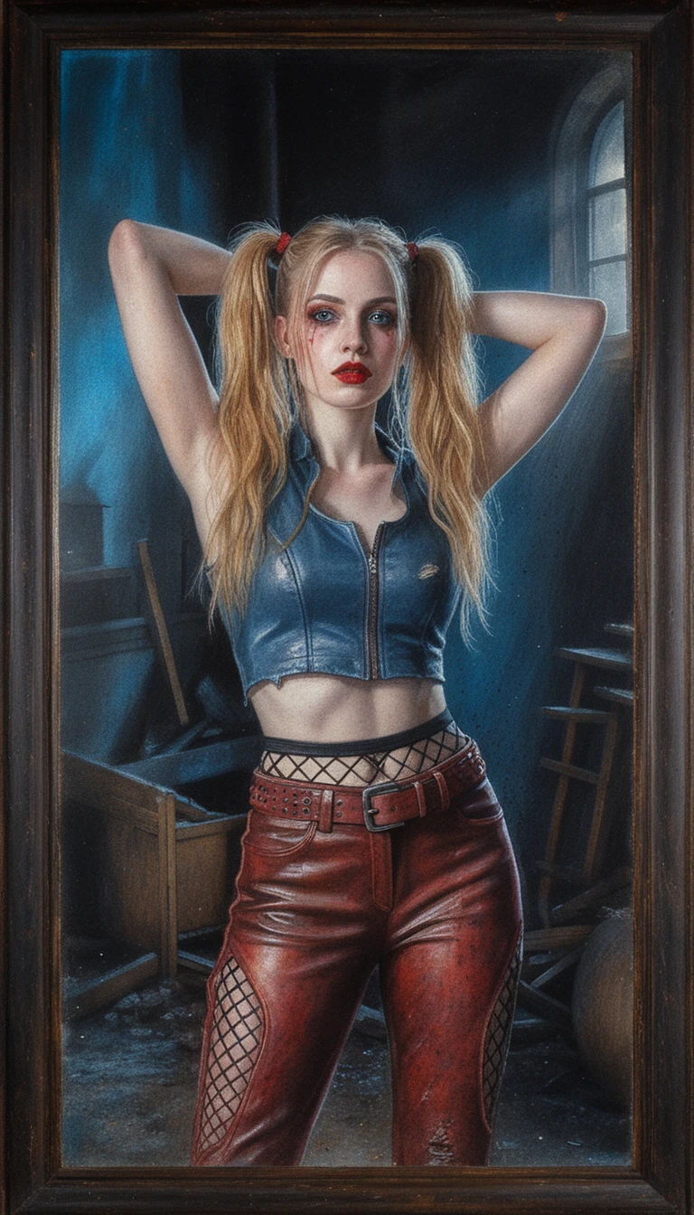 Blonde woman posing in moonlit abandoned interior