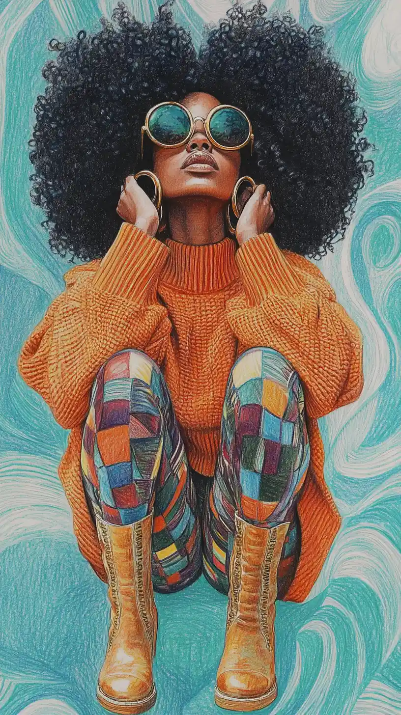 Black woman with afro hair in colorful patchwork outfit