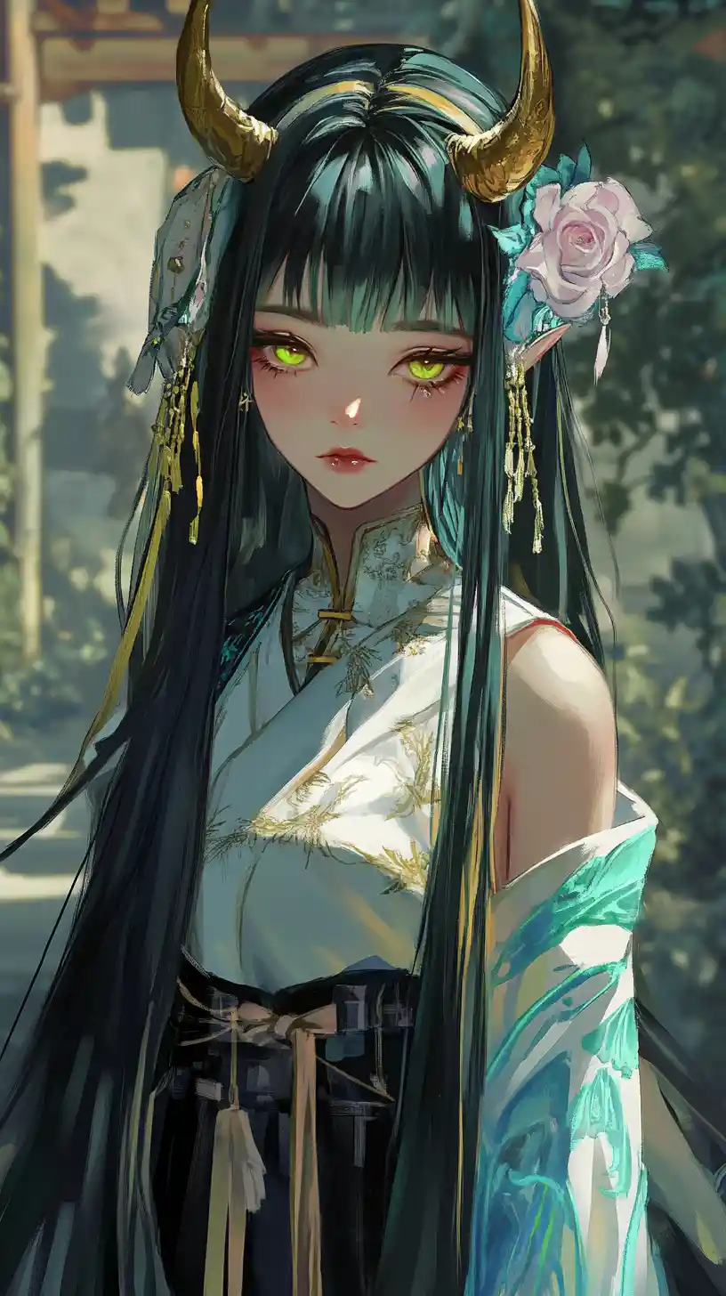 Melancholic horned girl in a golden dress at a temple