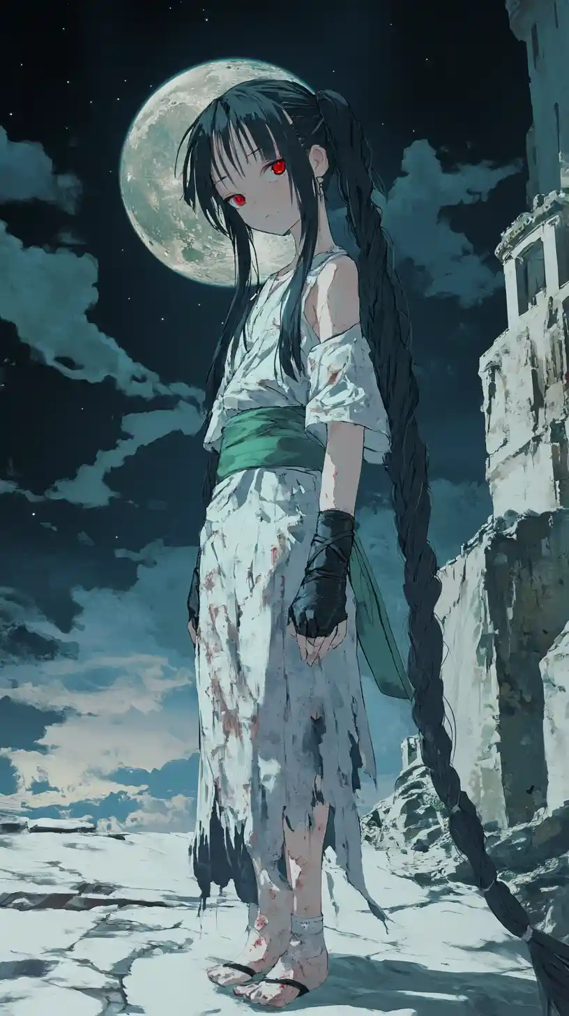Anime girl on a ruined tower balcony under desert stars