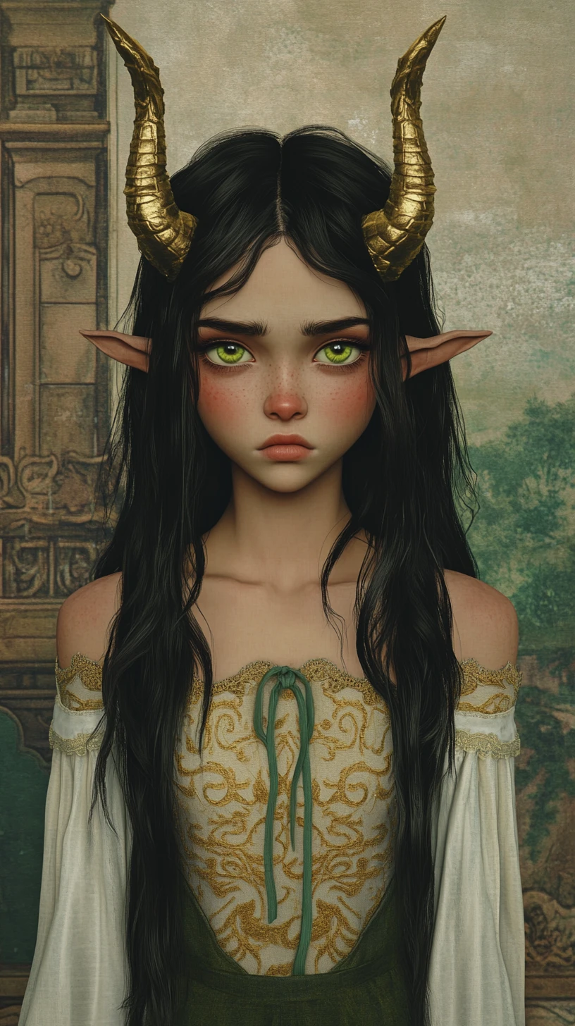 Sad horned girl in a golden green dress at forest temple