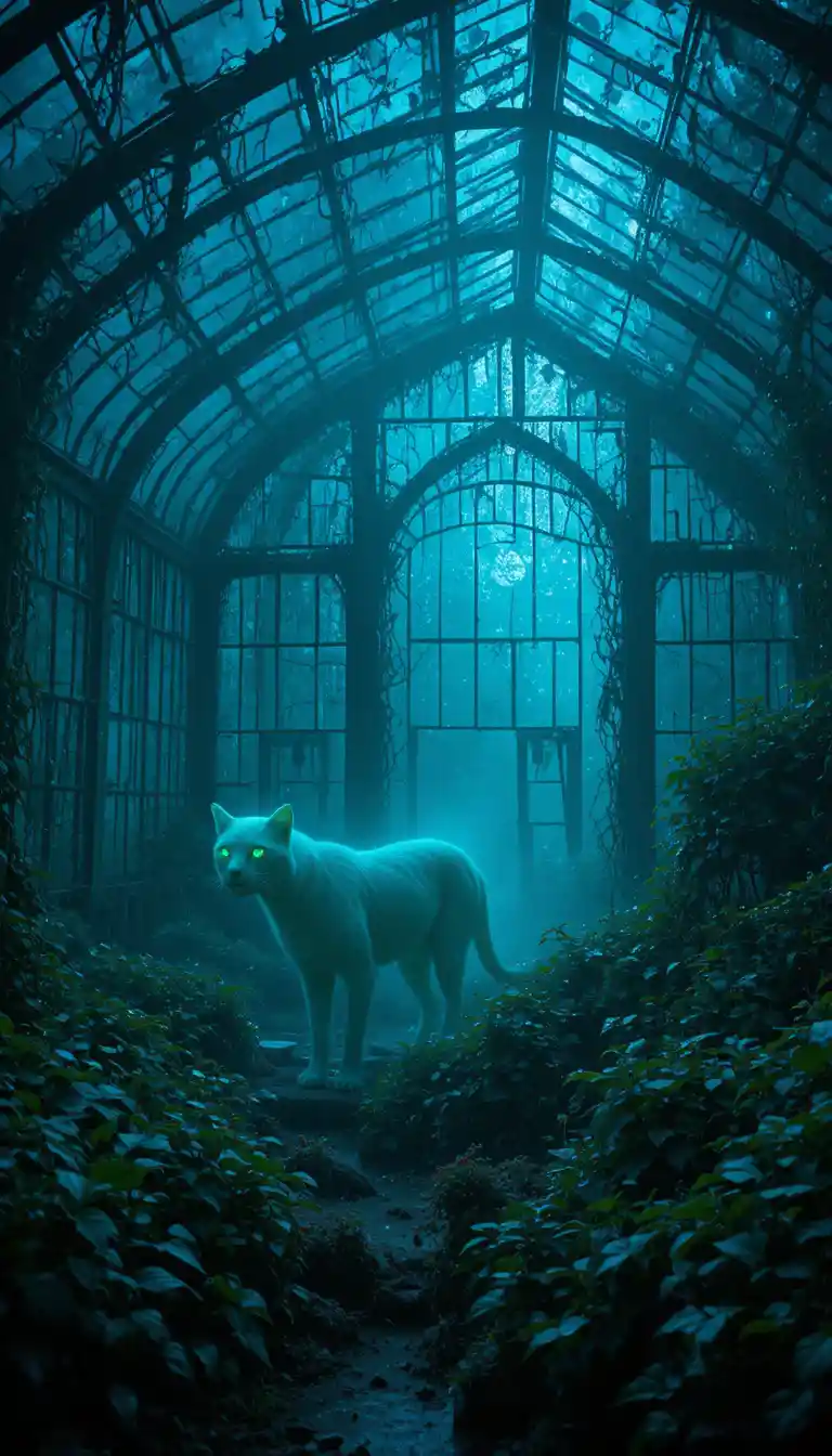 Forsaken greenhouse with ghostly cat and glowing flora